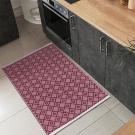 THE BEER VALLEY Diamond Woven Rug 2'x3' - Burgundy, Anti-Slip Farmhouse Accent Cotton Rugs for Entryway Kitchen Bedroom Bathroom - 24x36 Inches