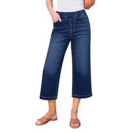 GRAPENT Jeans for Women High Waist Women Capri Pants Womens Elastic Waist Jeans Wide Leg Crop Jeans Capri Jeans for Women Stretch Womens Wide Leg Jeans Color Darkness Blue Large Size 12 to 14