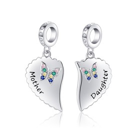 UCADRIT Mother Charms for Bracelet Sterling Silver 2 Pcs Heart Beads Charm with Butterfly Mother's Day Jewelry for Women Grandmother