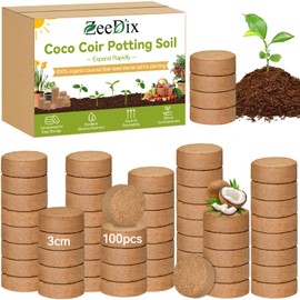 ZeeDix 100 Pack 30mm Organic Coco Coir Seed Starter Pellets, Compressed Coconut Fiber Seed Starter Soil Discs Potting Soil Mix for Indoor Outdoor Plants, Herbs Houseplants Bonsai Vegetables Flowers