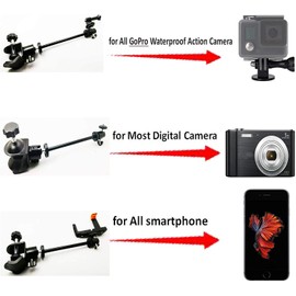 Pmsanzay 3in1 Adjustable Heavy Duty Universal Action Camera Desk Pole Clamp Holder Mounts Kit for Waterproof Camera/Digital Camera/Smartphone - Perfect car Shooting vlogging Video Recording