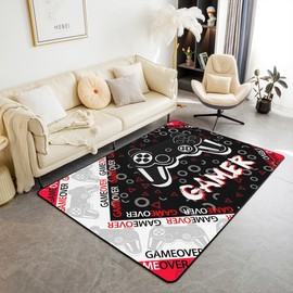 jejeloiu Gaming Area Rug,Geme Sports Accent Rug for Home Living Room Decor,Reversible Modern Game Console Controller Red Black Geometry Pattern Decorative Accent Rug,4x5