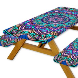 DeeCabin Picnic Table Cover with Bench Cover, Boho Table Covers with Elastic Waterproof Camping Tablecloth with Drawstring Bag, Outdoor Travel Rv Patio Camping Essentials, 72In 3PCS