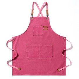 DEVECHO Chef Apron Medium-Thick Cotton Canvas,Cross Back with Multiple Pockets Adjustable Work Apron for Men and Women (Pink)