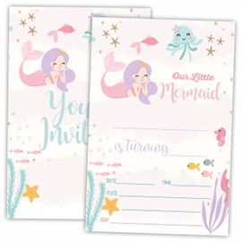 AWSICE Mermaid Theme Birthday Invitations, Double-Sided Fill-In Invite Cards For Birthday Party，Boys, Girls, Kids, Teen, 20 Invitations With Envelopes, Decorations,Party Favor And Supply-B06