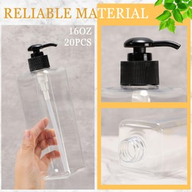 20 Pack 16oz/ 500ml Plastic Empty Bottles Refillable Shampoo Containers with Pump Lightweight Square Soap Dispenser Bottles for Essential Lotions, Shampoos, Conditioner, Massage Oil (Clear, Black)