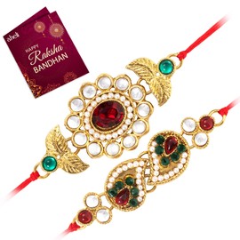 Aheli Indian Traditional Elegant Kundan Stone Rakhi For Brother Men Boys Combo Set With Raksha Bandhan Greeting Card (R26C03)