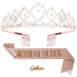 SakuraLovely8 Birthday Tiara Birthday Decoration Crown Sash Brooch Set of 3 (Type 2, Rose Gold)