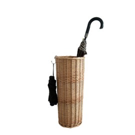 JAJAGOU Natural Rattan Umbrella Stand for Entryway, 21.2H x 9.4L x 9.4W, Detachable Drip Tray & 2 Metal Hooks – Storage for Umbrellas, Canes & Walking Sticks, Stylish Home Decor