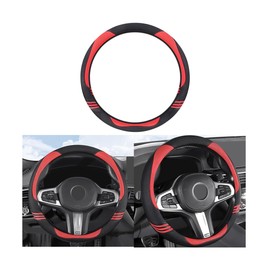 Mandark Carbon Fiber Car Steering Wheel Cover, Anti-Slip 15 Inch PU Leather Vehicle Steering Wheel Protector, Auto Interior Protection Accessories, Universal for SUV Sedan Truck (Red)