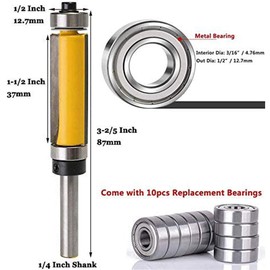 Mesee 2Pcs Top and Bottom Bearing Flush Trim Pattern Router Bit Set, 1/4'' Shank Template Trimming Bits Woodworking Milling Cutter Tool with 10Pcs Top Mounted Replacement Bearings