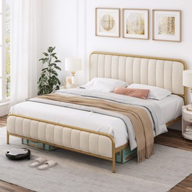 HITHOS Queen Size Bed Frame with Button Tufted Headboard, Upholstered Heavy Duty Metal Mattress Foundation with Wooden Slats, Easy Assembly, No Box Spring Needed (Golden/Off White, Queen)