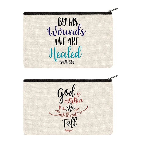 WIRESTER Set Of 2 Canvas Zipper Makeup Bag, Cosmetic Pouch,