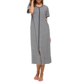 Vslarh Women Short Sleeve Zip Front Nightgowns Full Length Cotton Robes Loose Housecoat Loungewear with Pockets (GR&BL,XX-Large)