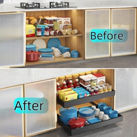 ZHILIN5A Pull out Cabinet Organizer, Expandable(12.6"-20.5"), 20.5" Deepy Slide out Drawers Fixed with Adhesive Nano Film for Pots, Roll out Shelf Storage for Kitchen(Black_20.5''Deep)