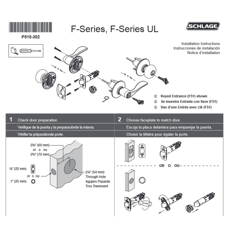Schlage F170 BWE 622 COL 134 Front Entry Handleset Interior,