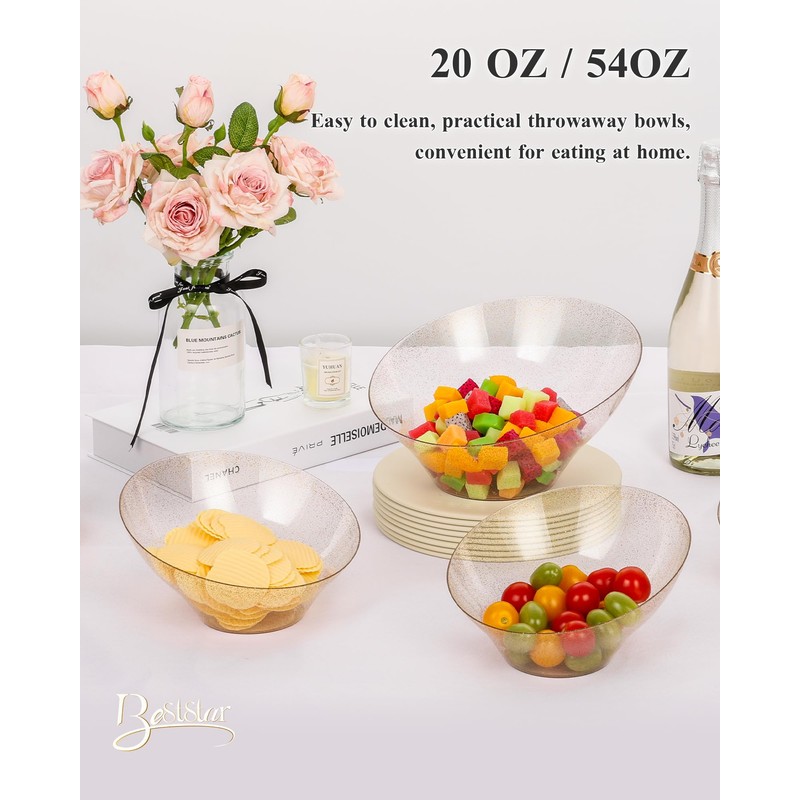 BESTSTAR Clear and Gold Gliter Plastic Serving Bowls 8 Pack