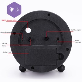 Lafocuse Analogue Alarm Clock, No Ticking, Metal Black 3D Numbers, Large, Silent Bedside Table Clock with Night Light and Snooze Function, Alarm Clock for Bedroom, Office, Travel, 10.5 cm