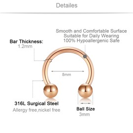 MODRSA 16G Septum Piercing Stainless Steel Nose Lip Eyebrow Rings Helix Cartilage Daith Earring Hoop Piercing for Women Men 6PCS - Rose Gold