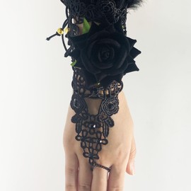 Yimianshou Black Lace Gloves for Women Rose Feather Swan Wings Wrist Bands Witch Angel Costume Accessories (Black-Rose Gloves, Medium)
