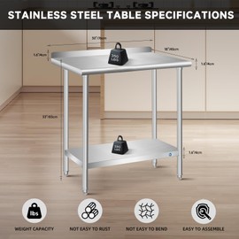 KUARBARR KUARBARR Stainless Steel Table 30 x 18 Inch Commercial Stainless Steel Prep Table, Metal Kitchen Table for Restaurant Garage Warehouse