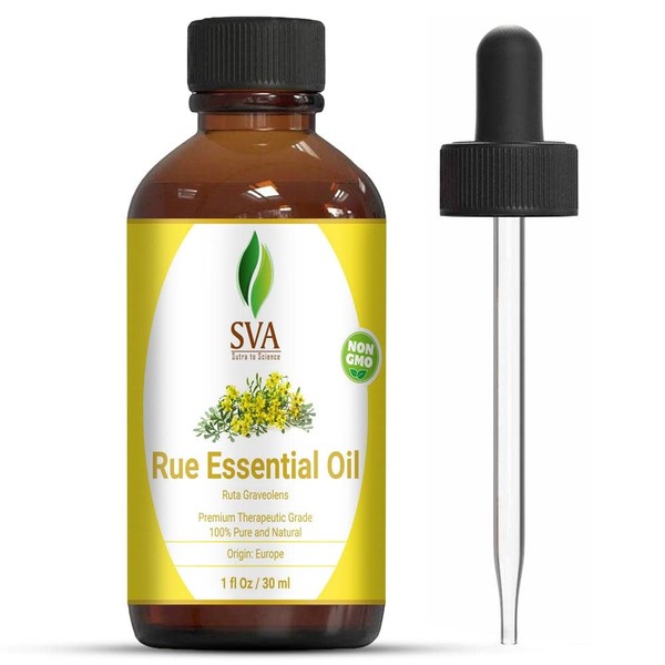 SVA Organics Rue Essential Oil 1 Oz 100% Pure Natural Premium Therapeutic Grade with Dropper for Diffuser, Aromatherapy, Skin Care, Hair & Massage