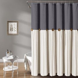 Linen Button Farmhouse Beige Shower Curtain,Linen and Cotton Woven Fabric,Pleated Brown Stripe,Country Style - Color: Dark Gray & Cream, Size: 84"L x 72"W