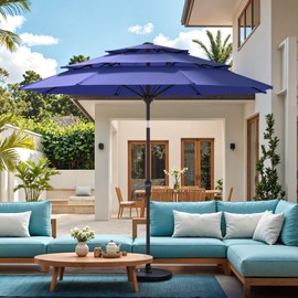 Sannwsg 9 ft Patio Umbrellas, 3 tiers Outdoor Umbrella with Fiberglass Ribs, Table Umbrellas with Push Button Tilt/Crank, Market Umbrella, Porch Umbrela for Backyard, Deck, Garden, Pool