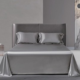 Satin Flat Sheet, Luxury and Silky Soft Bed Top Sheet Only (Silver Grey, Queen)
