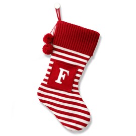 20 Inches Initial Monogram Embroidered Christmas Stocking Striped knitted Christmas Decorations Stocking Red,White, Green Letter Stockings for Family Holiday and Xmas Tree Fireplace Decor-50-F-Red