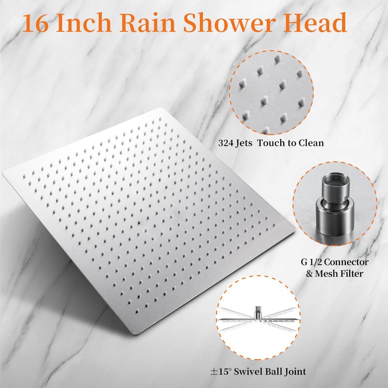 Derpras 16 Inch Square Rain Shower Head, 304 Stainless Steel,