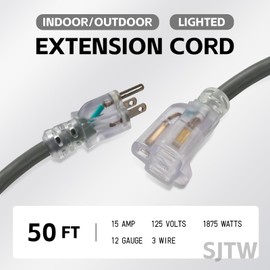 EP 50 Ft Lighted Outdoor Extension Cord - 12/3 SJTW Heavy Duty Grey Extension Cable with 3 Prong Grounded Plug - Power Cord for Lawn, Garden, Appliances