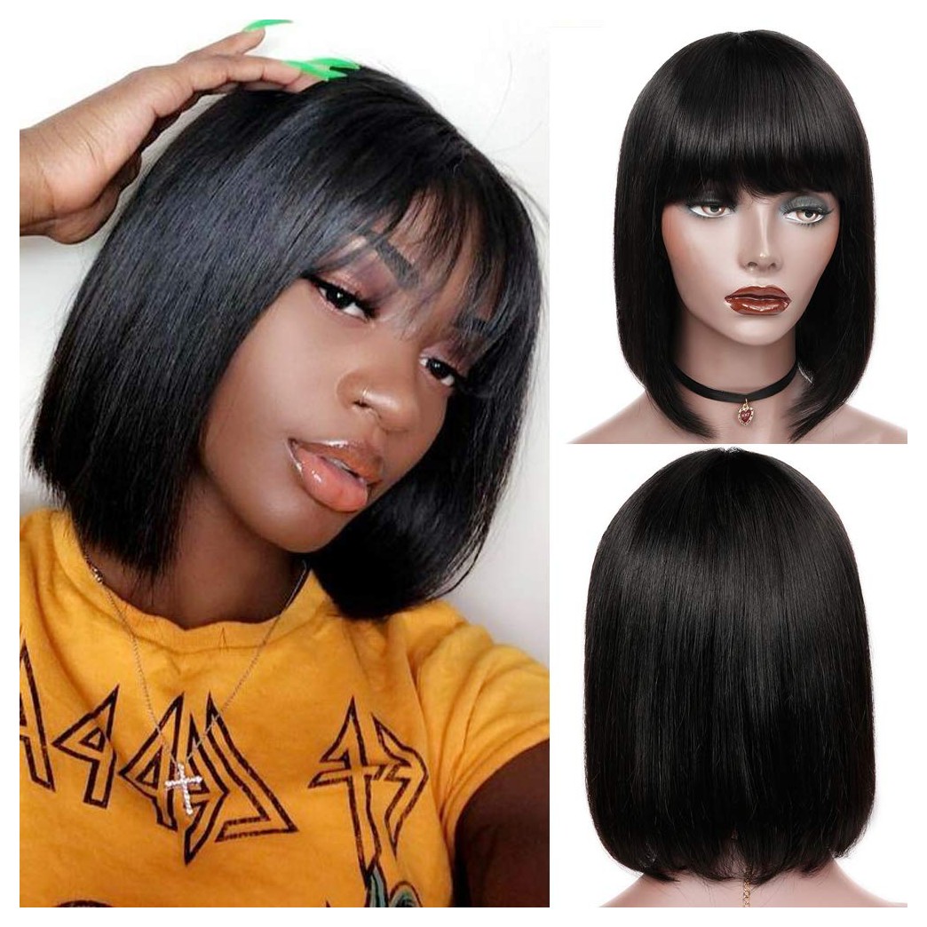 Short Bob Wigs With Bangs 10inch Brazilian Straight Remy Human Hair Bob Wigs with Bangs None Lace Front 150 Density Glueless Machine Made Wig for Black Women Natural Color …
