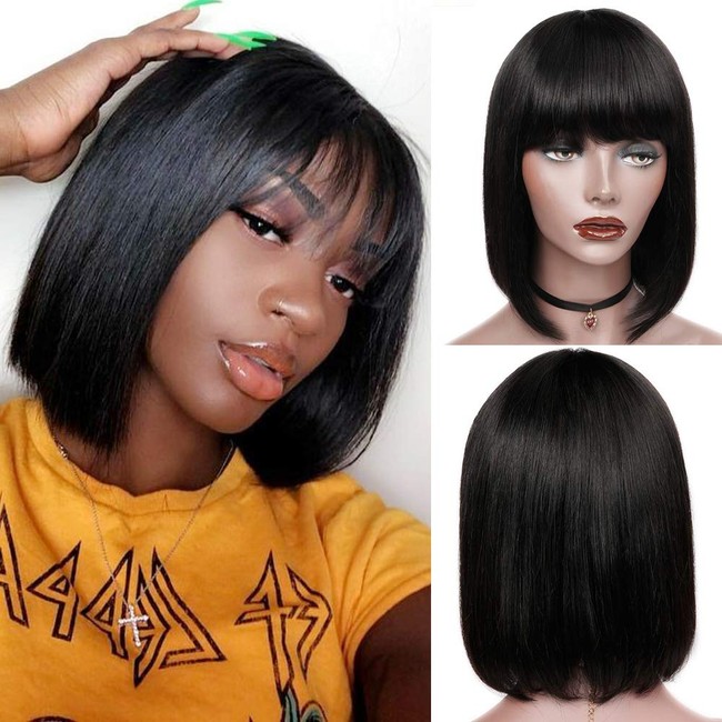 Short Bob Wigs With Bangs 10inch Brazilian Straight Remy Human Hair Bob Wigs with Bangs None Lace Front 150 Density Glueless Machine Made Wig for Black Women Natural Color …