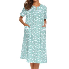 Ekouaer House Dress for Women with Pockets Button Down Duster Housecoat Short Sleeve Patio Dress Nightgown, Green Flower, X-Large