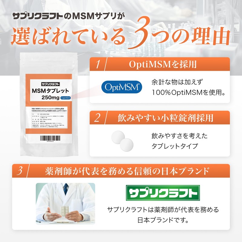 サプリクラフト MSM サプリメント 【タブレットタイプ】 OptiMSM 1日2000mg 30日分(240粒)