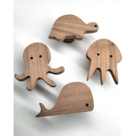 PLT Sea Animals Wall Hook Made of Untreated Walnut Wood (Octopus Jellyfish Whale Turtle) Wardrobe Entrance Area Coat Hook Nursery Hallway Baby Gift