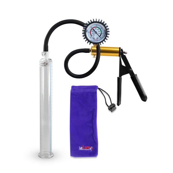 LeLuv Ultima Penis Vacuum Pump with Black Rubber Grip Handle, Silicone Hose Plus Protected Gauge, 12" 1.35"
