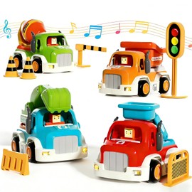 11-Pack Construction Truck Toys for Toddlers 1–3,Push-and-Go Friction Powered cars with Lights & Music,Vehicle Roadblock Toys Set,Baby Boy car Toys for 6-9-12-18 Months,for Kids Boy Birthday Gifts