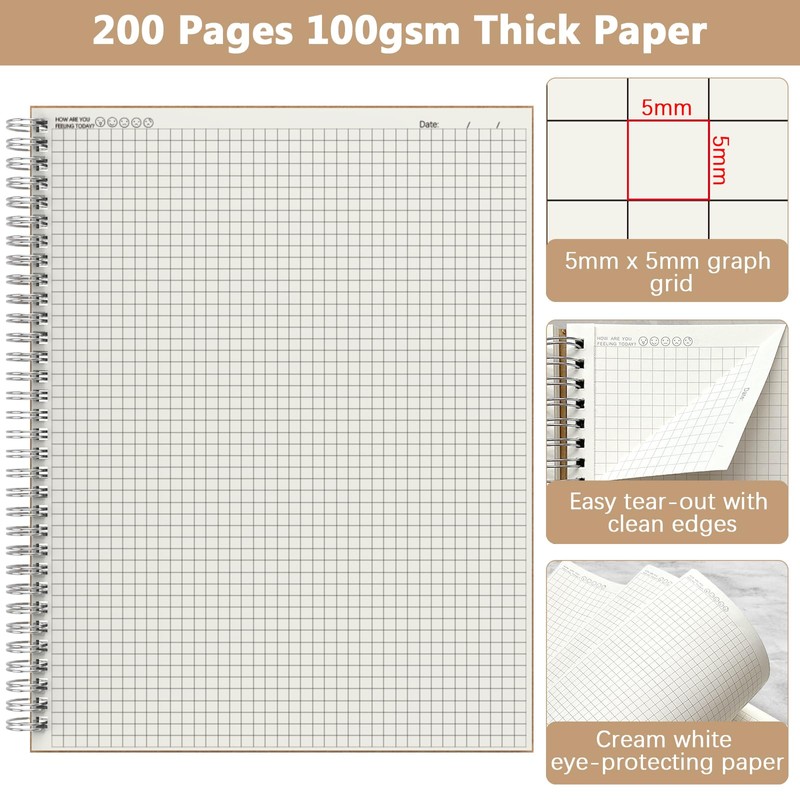 A4 Graph Paper Notebook, 2 Pack Large Spiral Grid Notebook,