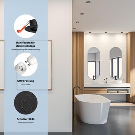 ledscom.de ERID Bathroom Ceiling Mounting Frames for Wet Rooms, IP44, Round, Matte Black (GU10/MR16/GU5.3/50 mm) with GU10 Socket Pack of 6