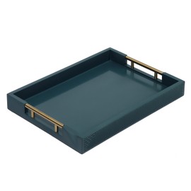 Serving Tray with Polished Metal Handles, 16.5''x12'' Rectangle Coffee Table Tray, Modern Decorative Tray, Large Ottoman Tray, Perfect for Storage and Display (Teal)