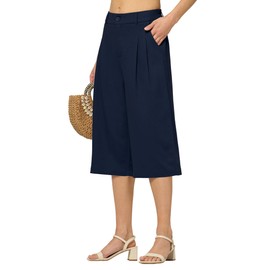 Willit Women's Linen Capri Pants Wide Leg Dress Casual Summer Pleated Capri High Waisted with Pockets 16" Navy Blue Large