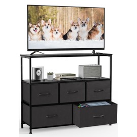 Elevon 5 Fabric Drawer Dresser TV Stand for Bedroom, Entertainment Center for 45 Inch TV with Storage Drawer Unit, Open Shelf, Adjustable Feet, Living Room