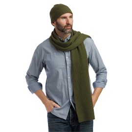 Fishers Finery Men's 100% Cashmere Ribbed Knit Hat and Scarf Set; Adjustable Cuff Beanie, Luxury Winter Gift Box (Olive)