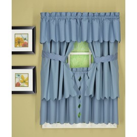 Today's Curtain, Orleans Scallop Curtain, Blue 30" Tier Pair and Tieback, 60" W x 30" L, Blue