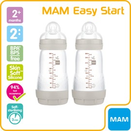 MAM Easy Start Self Sterilising Anti-Colic Baby Bottle Pack of 2 (2 x 260 ml), MAM Bottles with Medium Flow MAM Teats Size 2, Newborn Essentials, Grey (Designs May Vary)