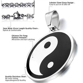 Cupimatch 2-Piece Stainless Steel Yin Yang Puzzle Matching Pendant Couple Necklace Valentine Gift with 18"& 22" Chain, Silver Black (Single Necklace)