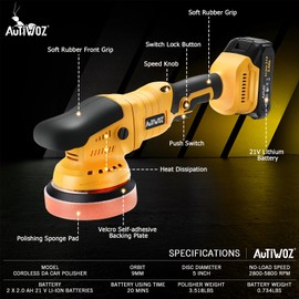 AUTIWOZ Cordless Car Buffer Polisher, 2x2000mAh 21V Batteries 5 Inch Random Orbital Polisher for Car Detailing, Waxing, Polishing, Scratch Removing, 6 Variable Speed Car Buffer Polishing Kit