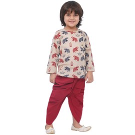 AJ DEZINES Kids Ethnic Elephant Printed Cotton Brown Kurta Dhoti Set for Boys Indian Party Wear Wedding Dress (1942-BEIGE-4)